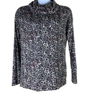 Peace & Pearls Sz Large Cowl Neck Top Brown Black Animal Print Button Back Knit